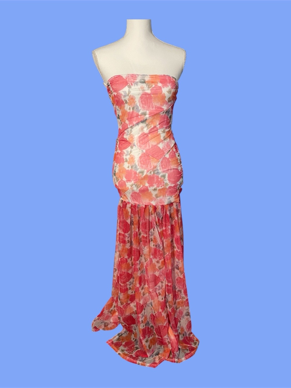 Coral Floral Strapless Maxi Dress